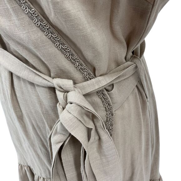 Menti Neutral Linen Blend Wrap Dress sz S Made in Greece Balloon Sleeves Ruffles - Picture 13 of 14